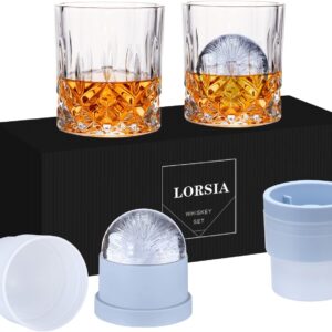 Whiskey Rocks Glass, Set of 4 (2 Crystal Bourbon Glasses, 2 Round Big Ice Ball Molds)