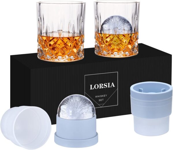 Whiskey Rocks Glass, Set of 4 (2 Crystal Bourbon Glasses, 2 Round Big Ice Ball Molds)