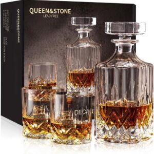 QUEEN & STONE Square 23 oz Whiskey Liquor Decanter Set With 2 Glasses