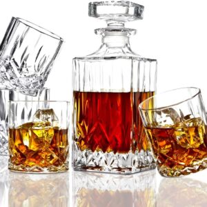 ELIDOMC 5PC Italian Crafted Crystal Whiskey Decanter & Glasses Set