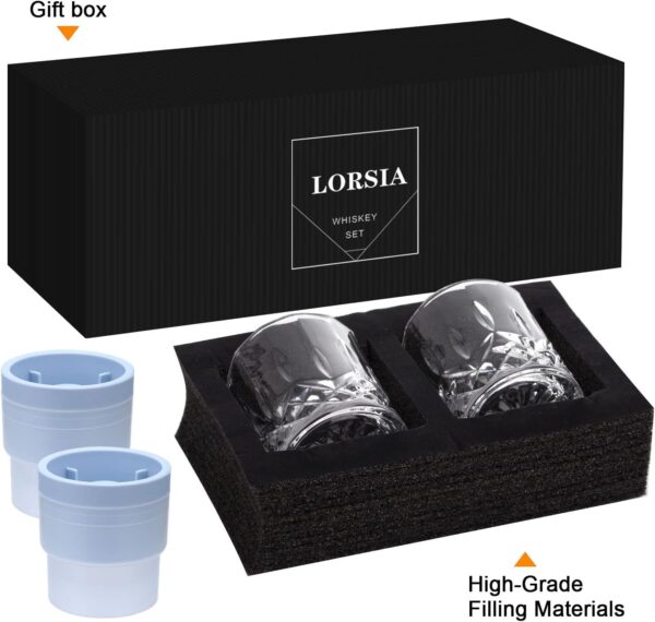 Whiskey Rocks Glass, Set of 4 (2 Crystal Bourbon Glasses, 2 Round Big Ice Ball Molds) - Image 3
