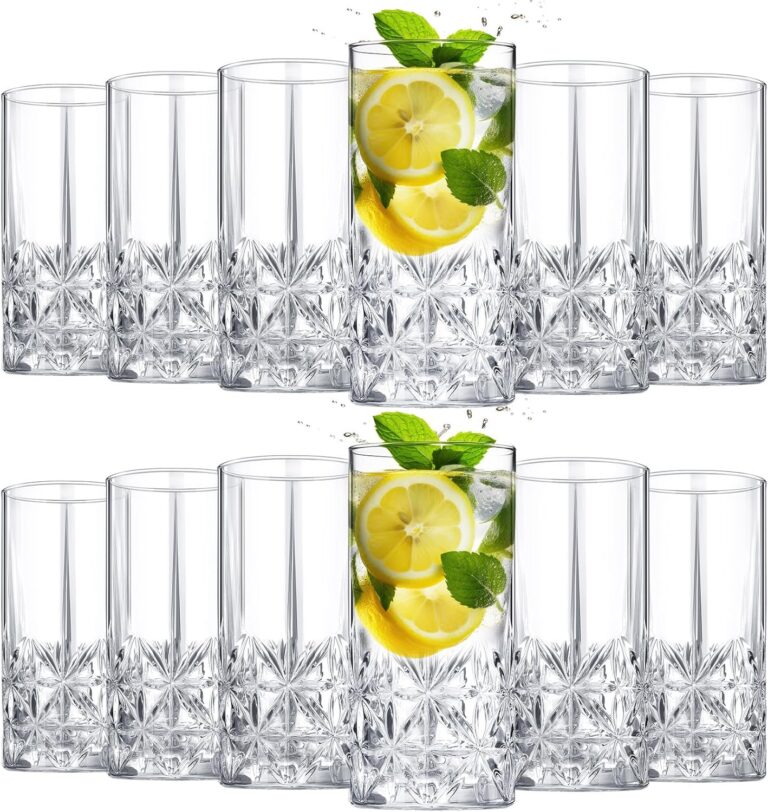 Uiifan Set of 12 Tall Highball Glasses – 12 oz Crystal Textured Glassware
